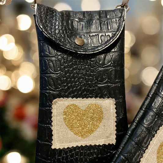 POCHETTES SMARTPHONE , simili croco noir , sangle coton réglable et amovible .
