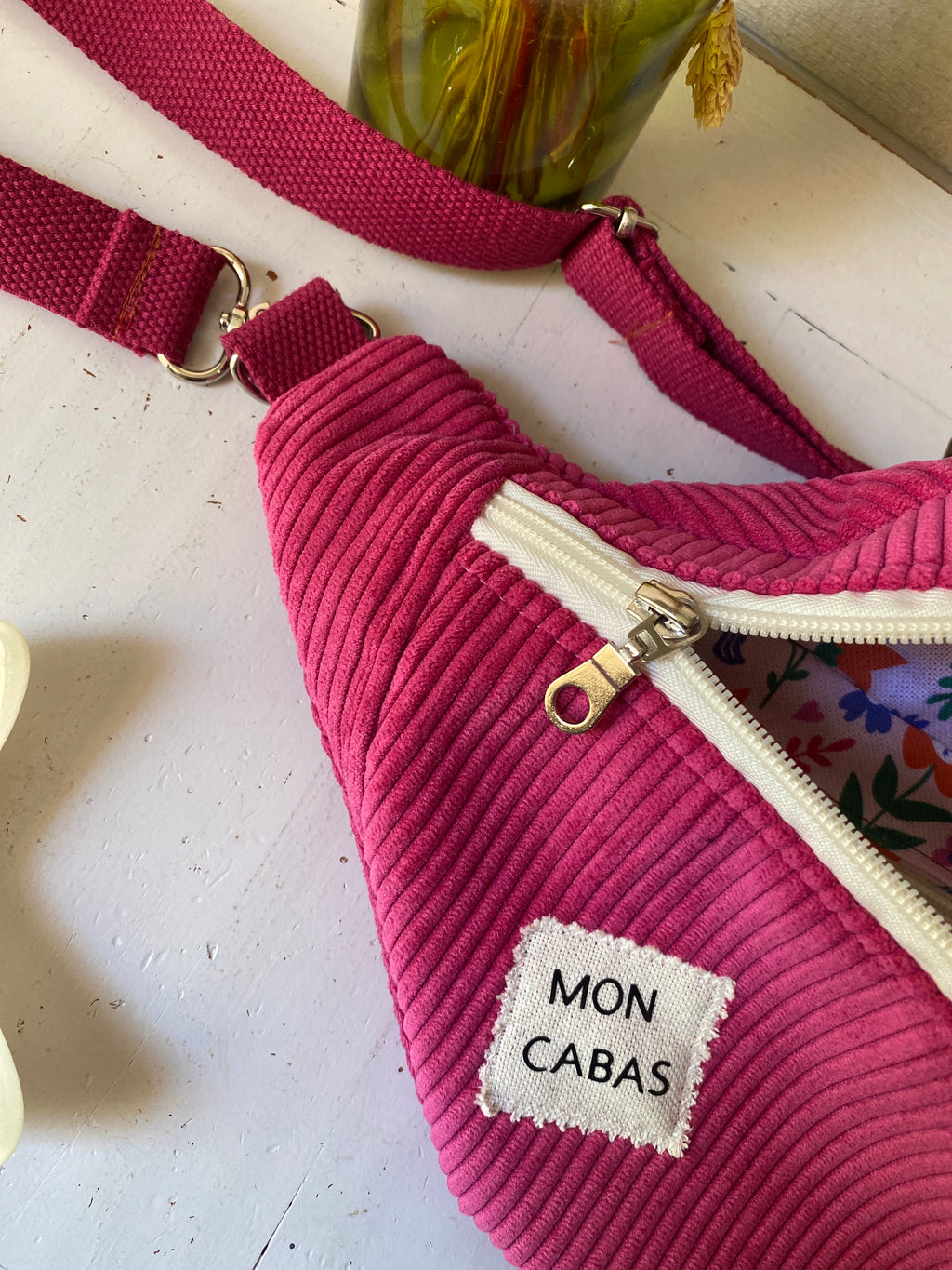 BANANE velours rose , doublée licorne , avec poche intérieure