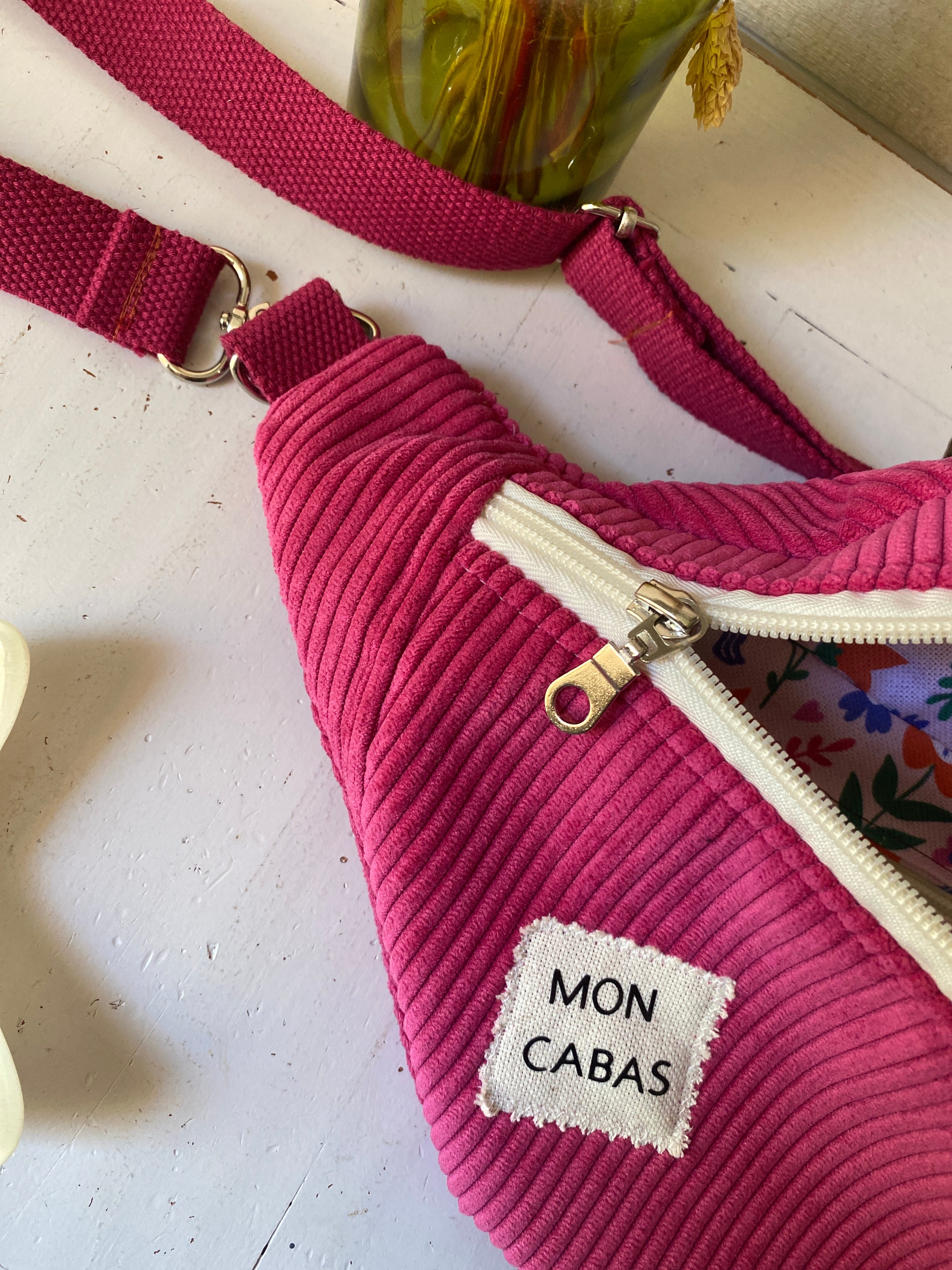 BANANE velours rose , doublée licorne , avec poche intérieure