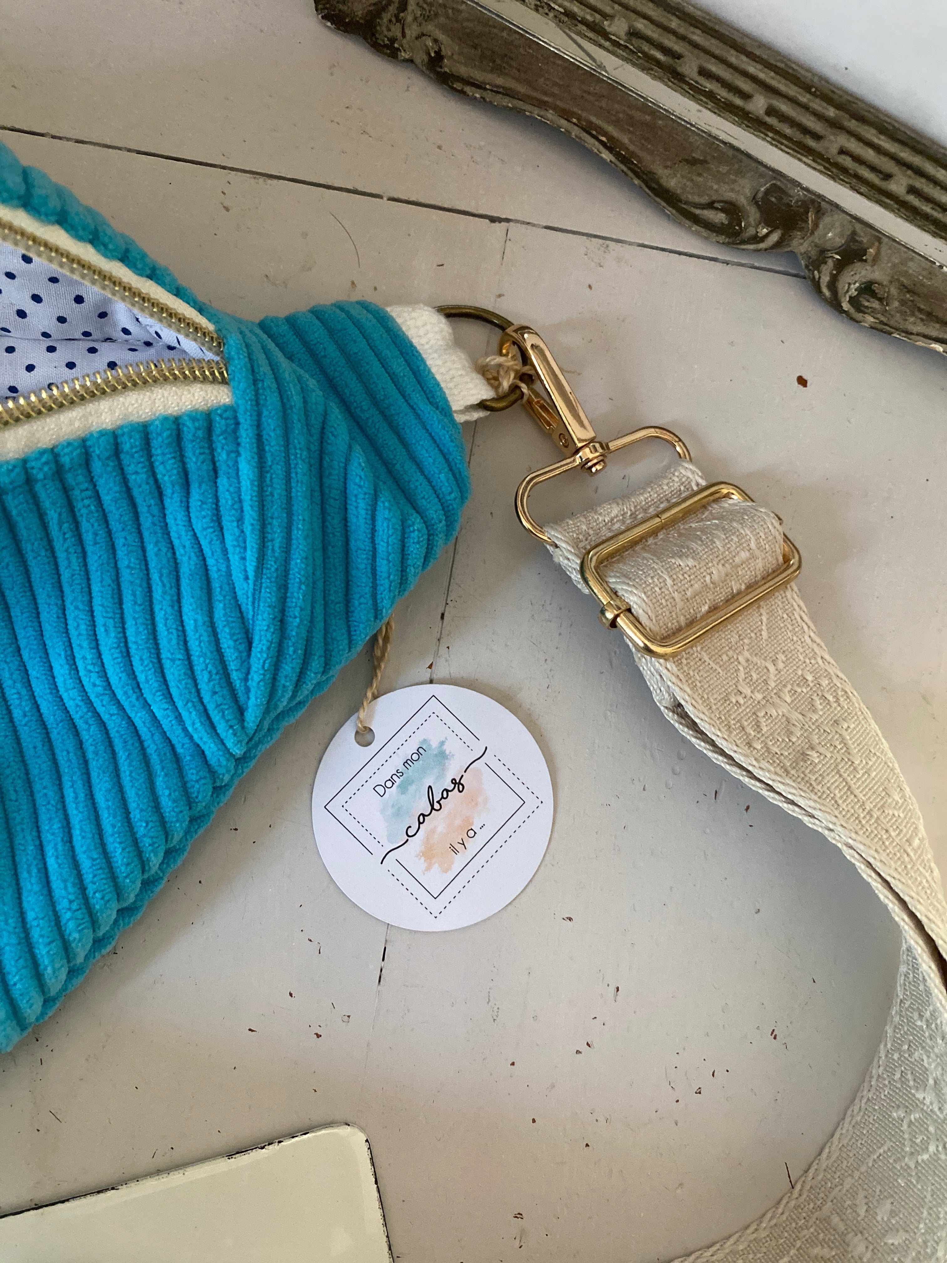 BANANE velours , doublée coton , turquoise.