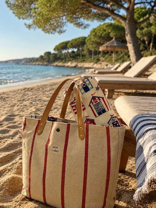 SAC DE PLAGE tissu rayé rouge