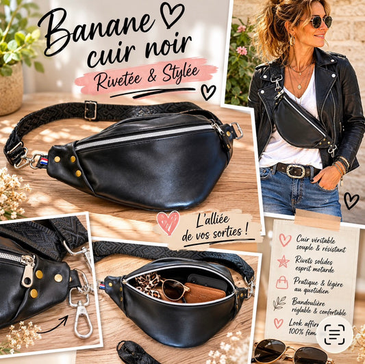 BANANE cuir noir , rivetée.