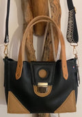 HOLE Sac cuir grainé noir et cappuccino, sangle textile .