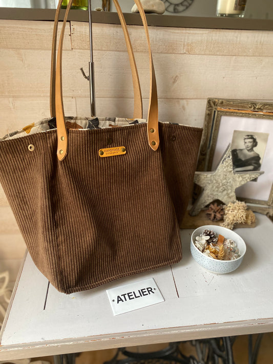 SAC CABAS velours anses cuir