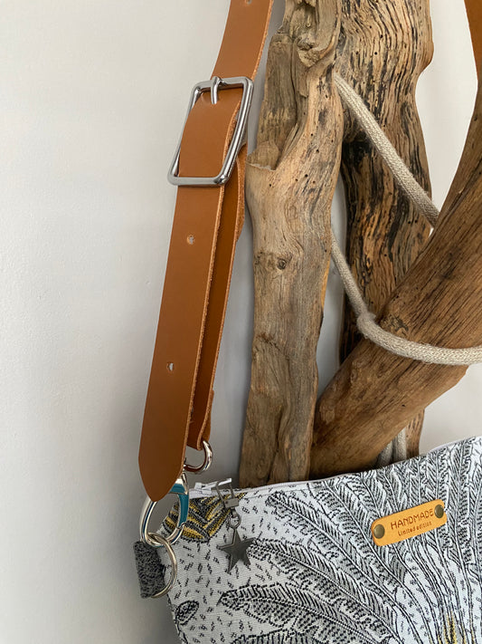 PALM : sac bandoulière, sangle cuir camel