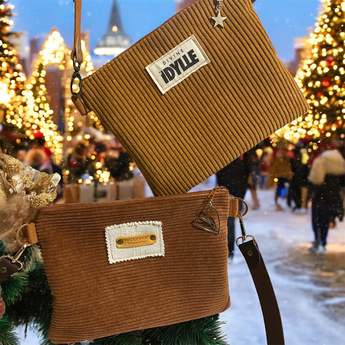 POCHETTES bandoulière velours, sangle cuir réglable et amovible.